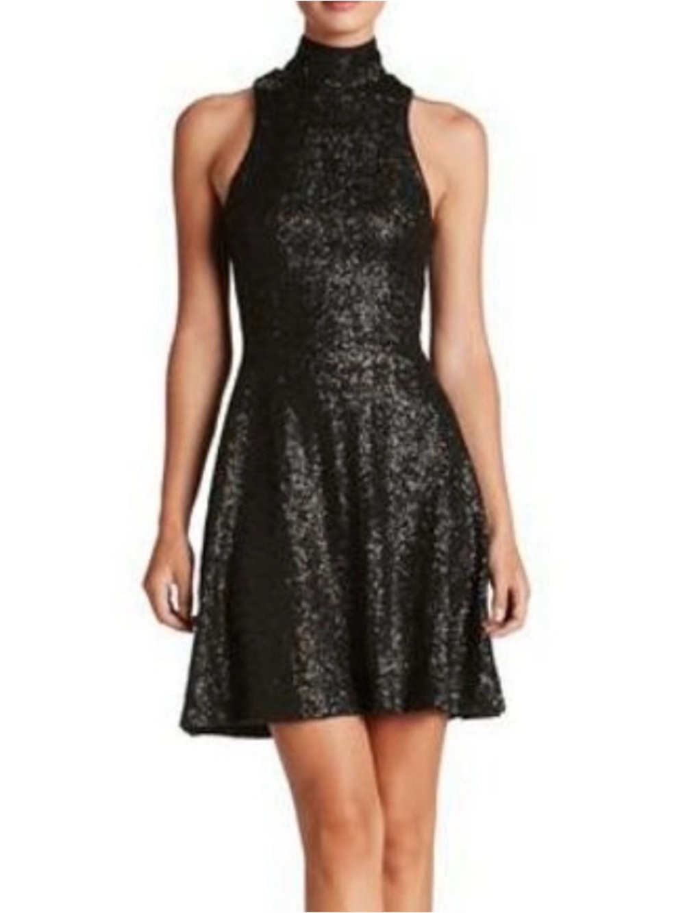 Dress The Population Black Sequin Sleeveless Fit Flare Mini Dress Small Evening